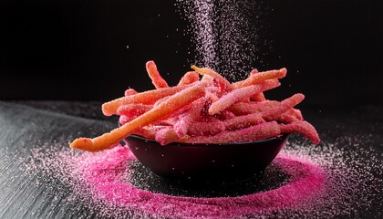 pink sugar sprinkled on fries dark background food photography