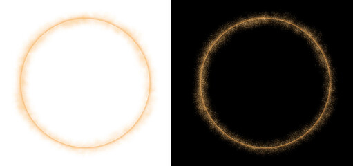 golden glitter cirlce frame with sparkling stars isolated on transparent background illustration, luxury metallic border, clip art, png.	