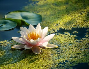 water lily on the water with green leaves in the duckweed