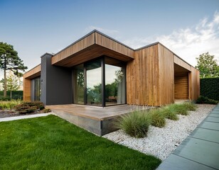 modern minimalist home with wooden accents and green landscaping
