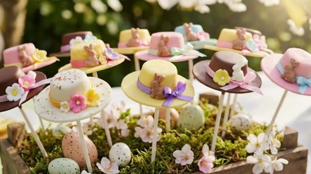 Decorated easter cake pops shaped as hats with bunny figures and ribbons, displayed with pastel eggs and flowers in a rustic box, celebrating spring festivities outdoors