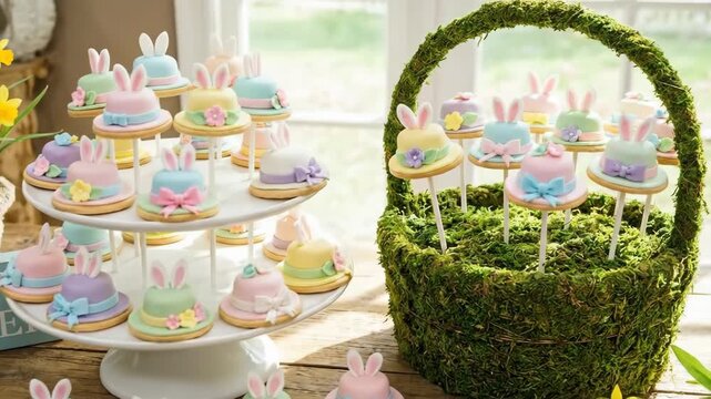 Colorful bunny ear hat cookies arranged on a dessert stand and in a moss-covered basket, celebrating easter with spring flowers and a happy easter sign on a rustic wooden table