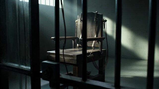 Cinematic view of an electric chair in a dimly lit prison cell with shadows and bars