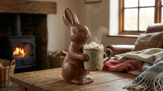 Chocolate bunny holding a steaming mug of hot cocoa with marshmallows and cream on a rustic wooden table by a lit fireplace, cozy, festive, and inviting hearthside scene