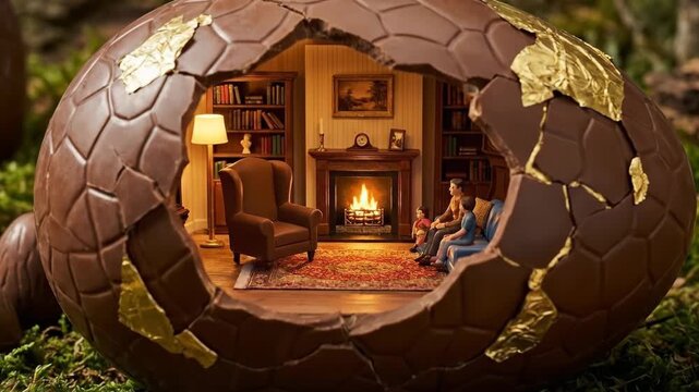 Chocolate easter egg cracked open to reveal a miniature cozy living room with a family by a fireplace, nestled on a mossy forest floor&mdash;whimsical, warm, and unexpected