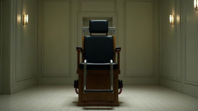 Cinematic view of an electric chair in a dimly lit execution room with a solitary figure awaiting its fate in ultra realistic footage