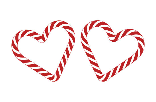 Vector of two red and white striped candy cane hearts framed by a rectangular border