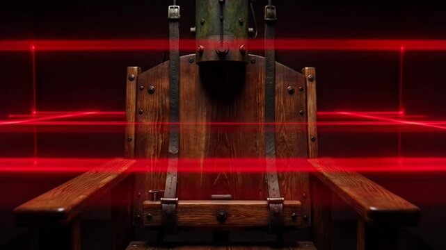 Cinematic Footage of an Electric Chair in a Darkened Execution Chamber with Red Laser Beams