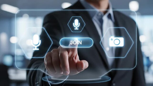 Businessman touching join button on a digital virtual interface screen with microphone and camera icons for online meeting concept