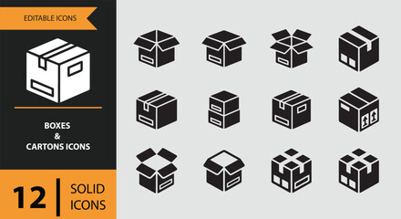 Solid boxes and cartons icons for shipping and storage solutions