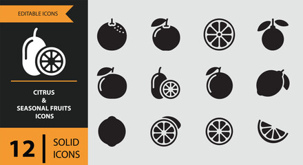 Solid citrus and seasonal fruits icons for farm and grocery design