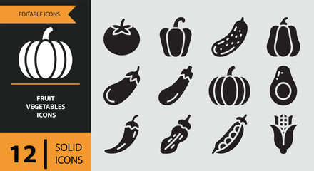 Solid fruit vegetables icons for healthy food and farm marketing