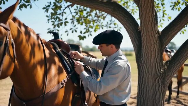 Young man in a dress shirt and flat cap preparing horse tack under a tree in a sunny outdoor setting