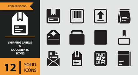 Solid shipping labels and documents icons for logistics and parcel tracking