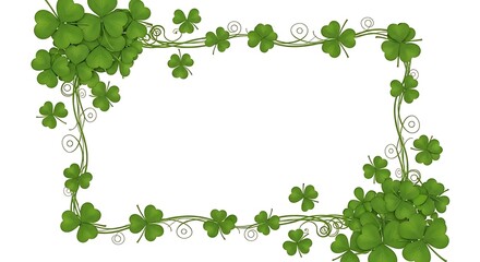 Clover leaf frame with shamrocks and vines on white background.