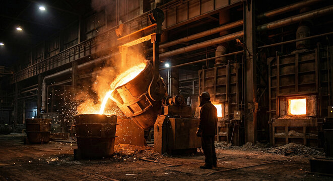 Industrial foundry at night with pouring molten metal into ladle, heavy machinery furnace