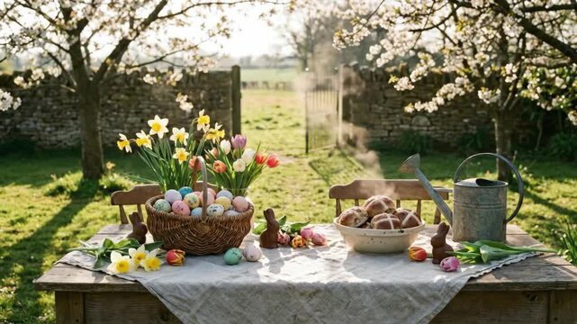 Rustic outdoor easter table set under a blossoming tree with a basket of colored eggs, hot cross buns, chocolate bunnies and bright tulips and daffodils for spring brunch