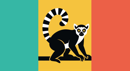 Stylized Ring-Tailed Lemur Illustration on Yellow and Teal Background © anindya