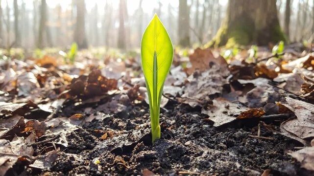 Green plant sprout emerging from dark soil in a sunlit forest, surrounded by dry oak leaves, symbolizing new beginnings, hope, and the rejuvenating power of nature