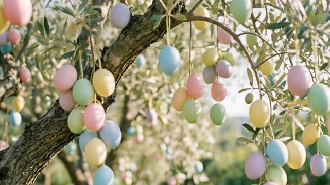 Pastel easter eggs hanging from an olive tree outdoors, celebrating spring and renewal with soft colorful decorations on branches in sunny, serene garden setting
