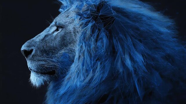 A regal lion's profile is rendered in a striking blue geometric style on a dark background