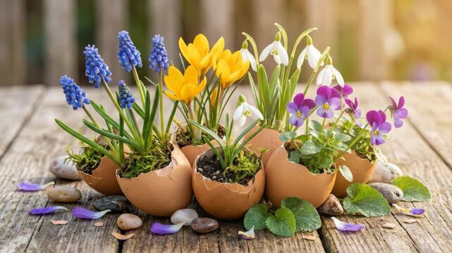 Colorful spring flowers&mdash;muscari, crocus, snowdrop and pansies&mdash;growing from cracked eggshells on a rustic wooden table with stones and scattered petals, symbolizing rebirth and easter