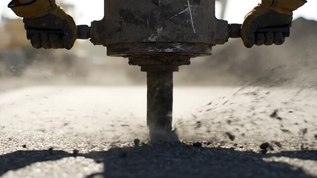 Ultra realistic close up cinematic shot of heavy duty jackhammer drilling into asphalt road extreme focus on metal drill bit and machine body intense vibration visible through subtle motion blur crack