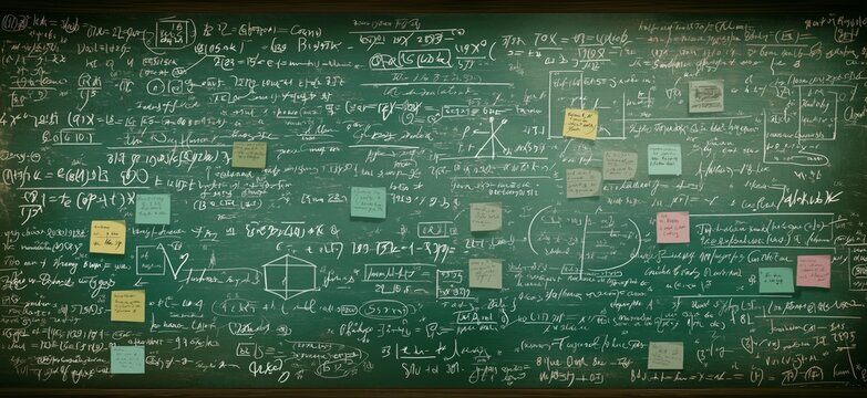 Green chalkboard filled with complex calculations and sticky notes. Chalkboard with intricate math formulas and scientific theories, showing an academic atmosphere