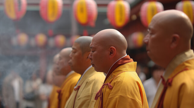 Shiman Rokusen-nichi, Buddhist Monks Wearing Yellow Robes Standing in Line During Shiman Rokusen-nichi Temple Procession with Incense Smoke
