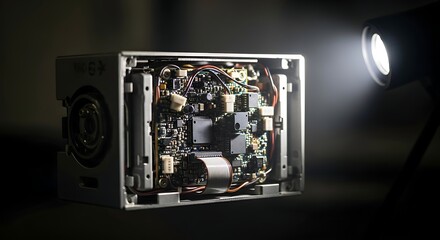 Disassembled electronic device, circuit board and components illuminated by spotlight