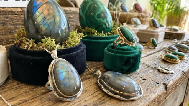 Oviculture gems display natural opal, labradorite, moonstone and malachite eggs, rings and necklaces on a rustic wooden table in a bright boutique shop interior