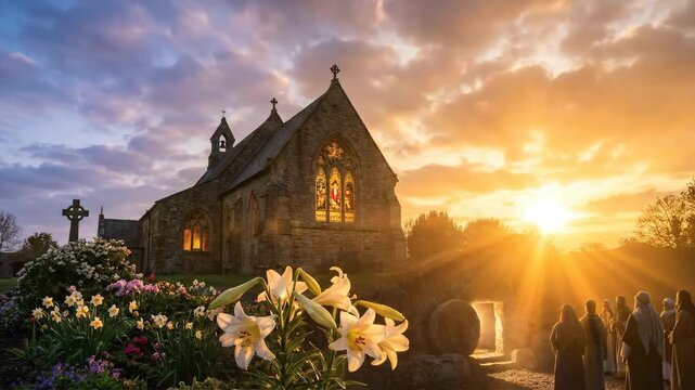 Followers of jesus discovering the empty tomb at sunrise while light rays illuminate the scene, symbolizing the glorious resurrection and new hope for humanity