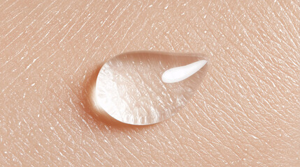 Fototapeta premium Macro closeup of a moisture droplet on skin surface, emphasizing epidermal texture and a moisturizing cosmetic effect, suitable for skincare and dermatology visuals.