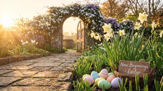 Colorful easter eggs beside a sunlit garden path through a floral arch of daffodils and open gate, symbolizing spring, new beginnings and quiet hope at sunrise