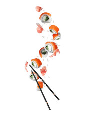 Floating sushi rolls with salmon and marinated ginger in the air isolated on a white background