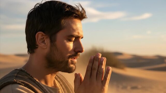 A Jewish man prays at sunset. Spiritual themes related to religion, mindfulness, and inner peace. Hope and faith.	