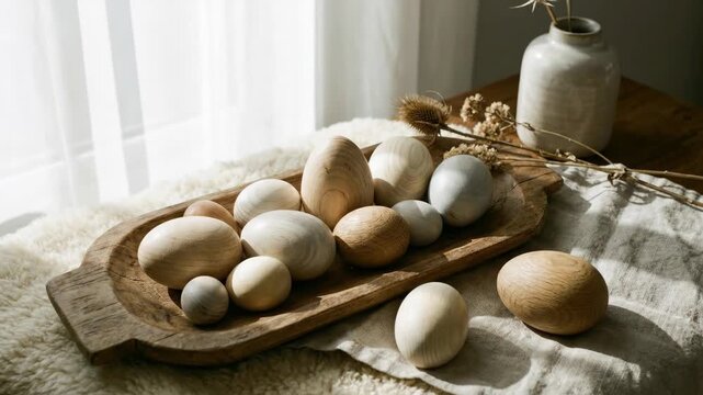 Natural wooden eggs of varying sizes nest in a vintage timber bowl on sheepskin and linen, warm sunlight casting gentle shadows for a rustic, minimalist easter still life