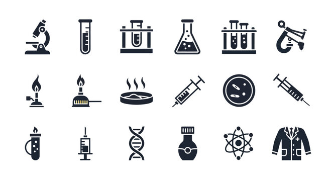 Science and Medical Icons Set: Microscope, DNA, Syringe, Lab Equipment, Chemistry