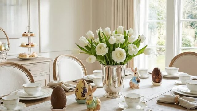 Dining table set for easter brunch with white tulips and ranunculus centerpiece, ceramic bunnies, chocolate eggs and elegant place settings in a bright, sunlit dining room