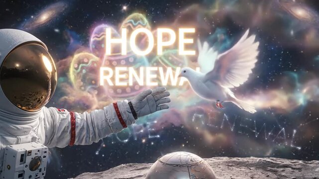 Astronaut floating above a lunar base watching glowing colorful easter eggs and a dove emerging from a nebula, with words hope and renewal evoking cosmic new beginnings