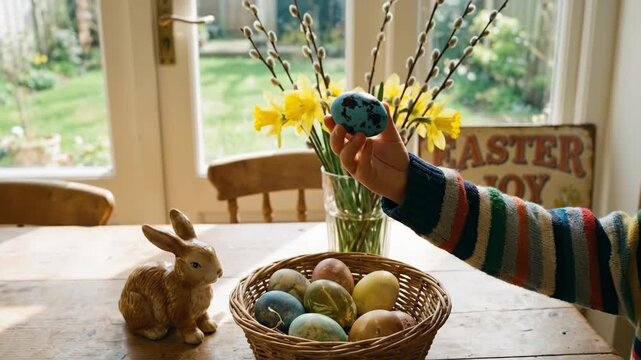 Child's hand reaches into a wicker basket of patterned easter eggs on a rustic wooden table with a ceramic bunny, daffodils, pussy willow, and easter joy sign