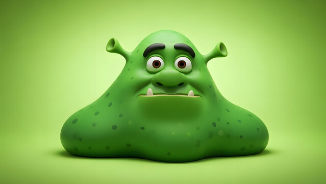 A green, cartoonish creature with a menacing expression sits on a green background, viewed from the front.