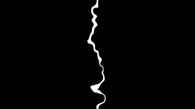 Abstract vertical wavy white line shape isolated on a solid black background representing a dynamic fluid or energy flow with organic curves and irregular edges