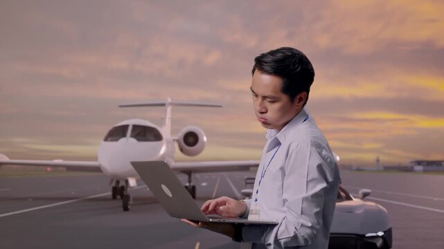 Side View Of An Asian Male Worker Use Laptop with Luxury Private Jet and Supercar on Airport Runway at Sunset,  He Is Nodding His Head With Dissapionted