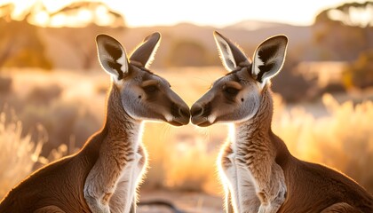 Fototapeta premium Kangaroos Facing at Sunset
