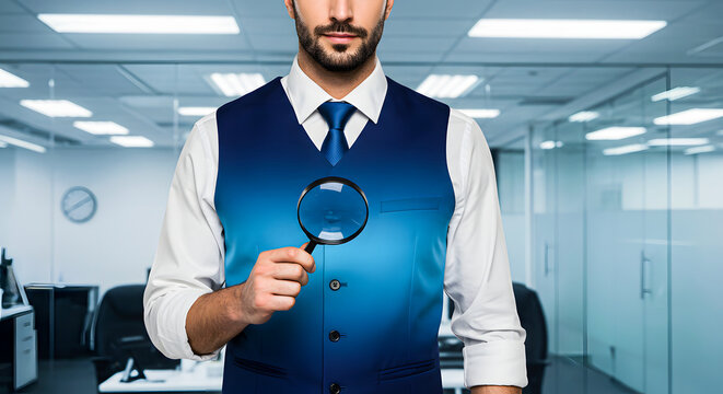 Focused professional in a business setting meticulously analyzing details with a magnifying glass, symbolizing thorough investigation, research, and strategic decision-making in corporate environments