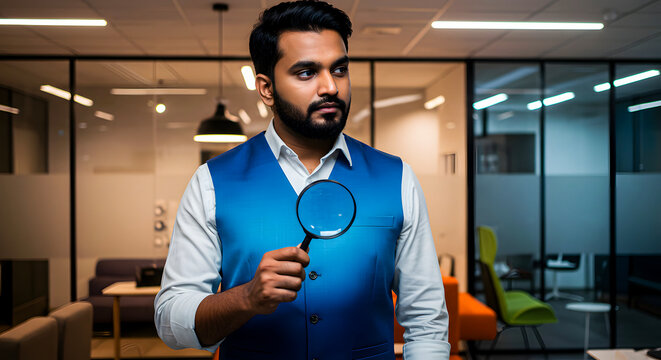 Businessman with magnifying glass intently examining details in a modern office environment, symbolizing thorough analysis and investigation for strategic decision-making