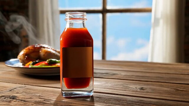A small glass bottle of tomato condiment on a wooden table, illuminated by sunlight streaming through a window, with a blurred plate of food in the background