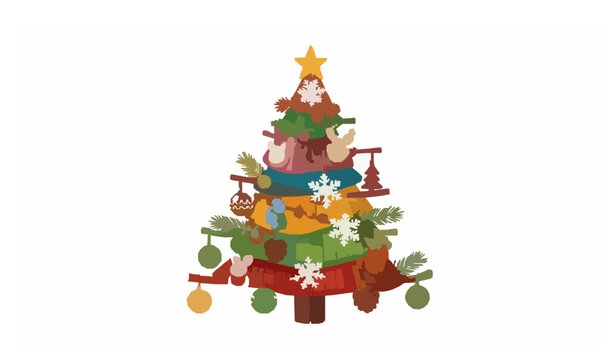 A playful cartoon-style flat vector illustration of an eco-friendly Christmas tree made from stacked fabric, yarn, and small wooden sticks. The tree is decorated with handmade ornaments, giving a frie
