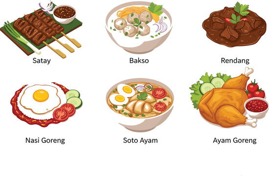 Indonesian traditional food collection with satay bakso rendang nasi goreng soto ayam vector illustration set isolated